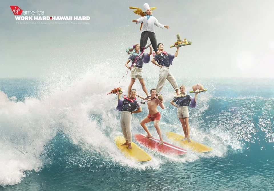 Virgin America campaign with a group of people surfing. Photograph by Vincent Dixon.