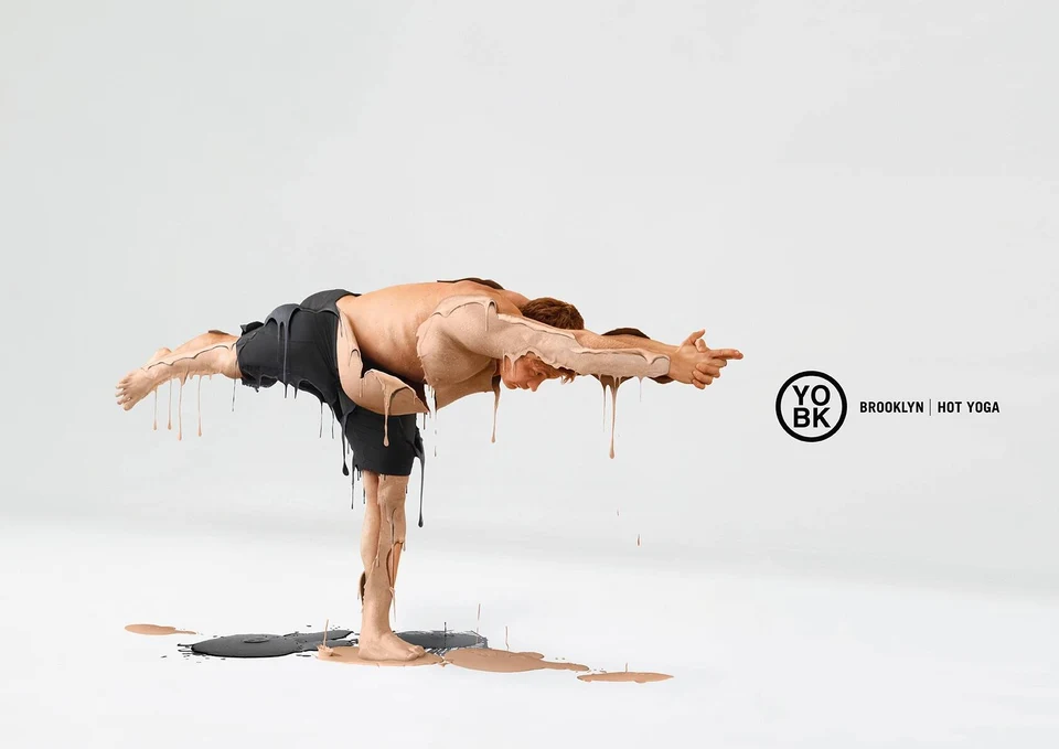 YO BK hot yoga campaign with a figure appearing to melt. Photograph by Vincent Dixon.