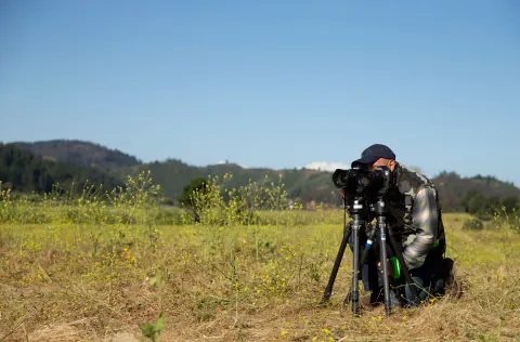 A photographer crouching beside a tripod camera in a grassy field.