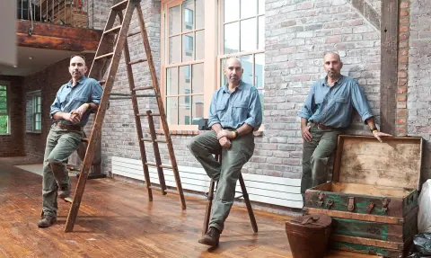 Three men posing beside a ladder in a brick-walled room.