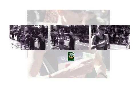 A collage of photographs with a small green graphic at its centre.
