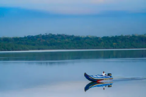 A small blue boat crossing calm water beside a forested riverbank.