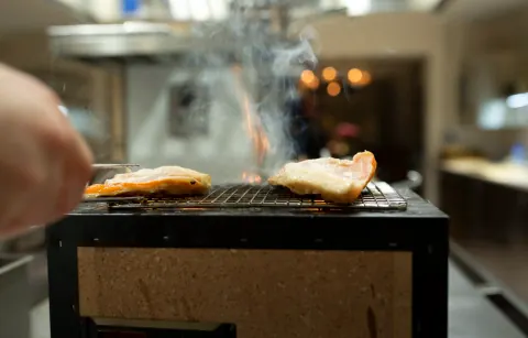 Pieces of food cooking over an open grill.